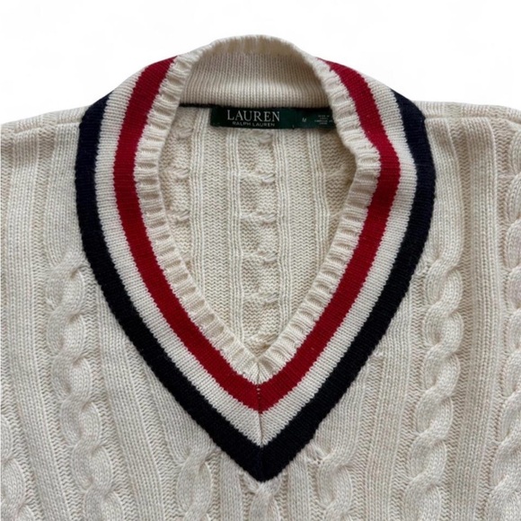 Women’s Lauren Ralph Lauren Cricket Tennis V Neck Pullover Cable Knit Sweater M - Picture 3 of 7